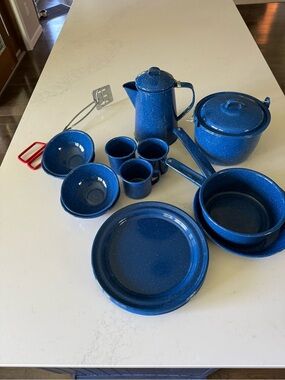 Classic Blue Speckled Enamel Cookware for camping, picnics, outdoor dinners.